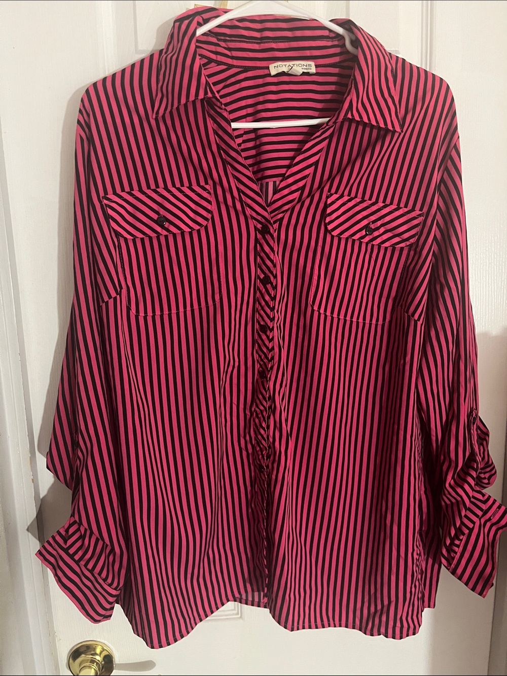 Notations Hot Pink and Black Striped Button-Up Blouse